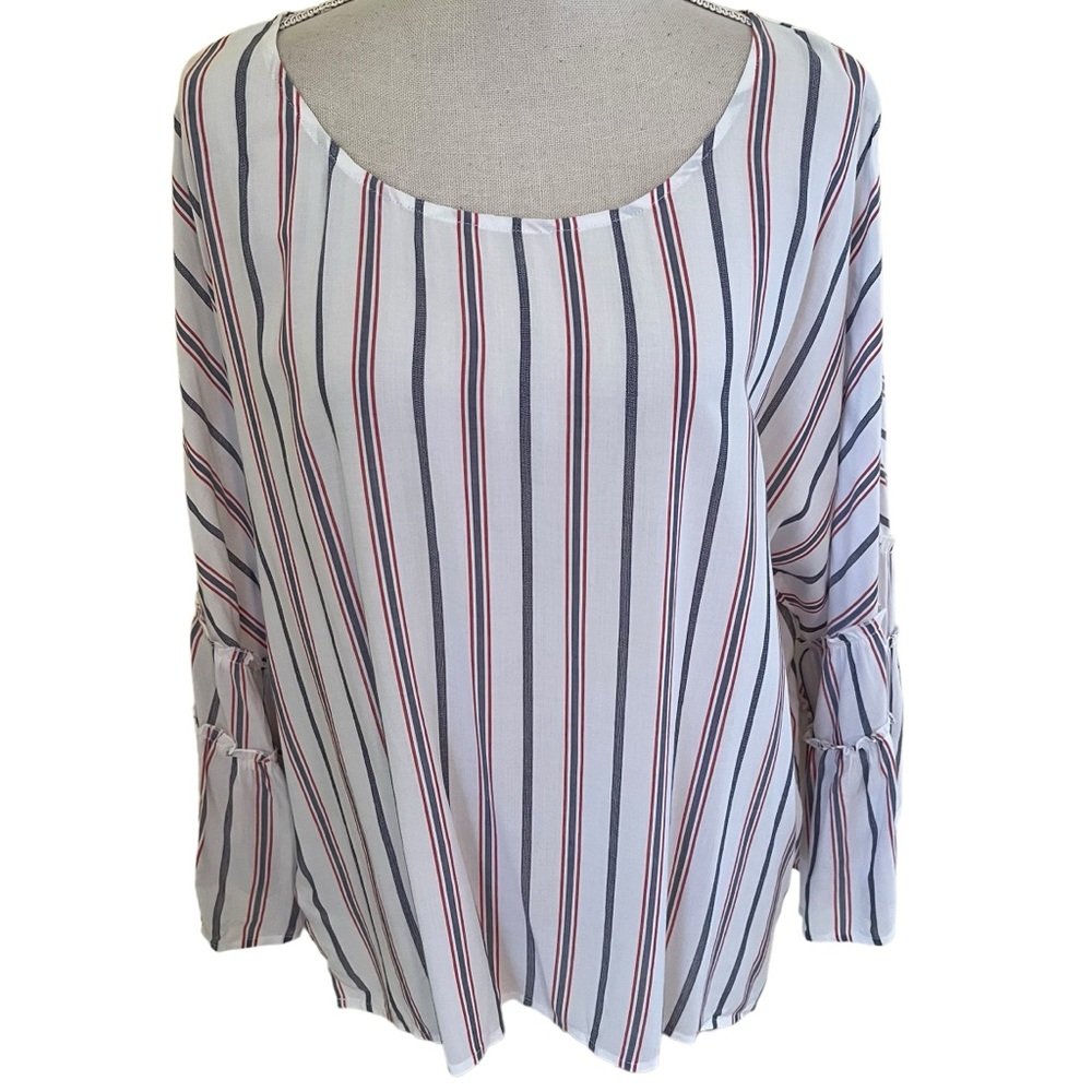 Liverpool White with Red/Blue Stripes Bell Sleeve Scoop Neck Blouse M